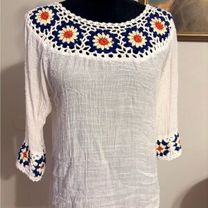 Olivers White Peasant Tunic with Blue, Yellow & Orange Crochet Yoke